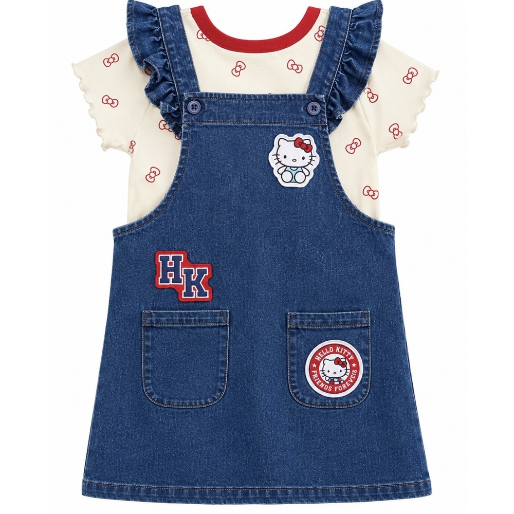 NEW Hello Kitty Girls 3T Denim Overall Dress Logo Tee Short Sleeve Pockets